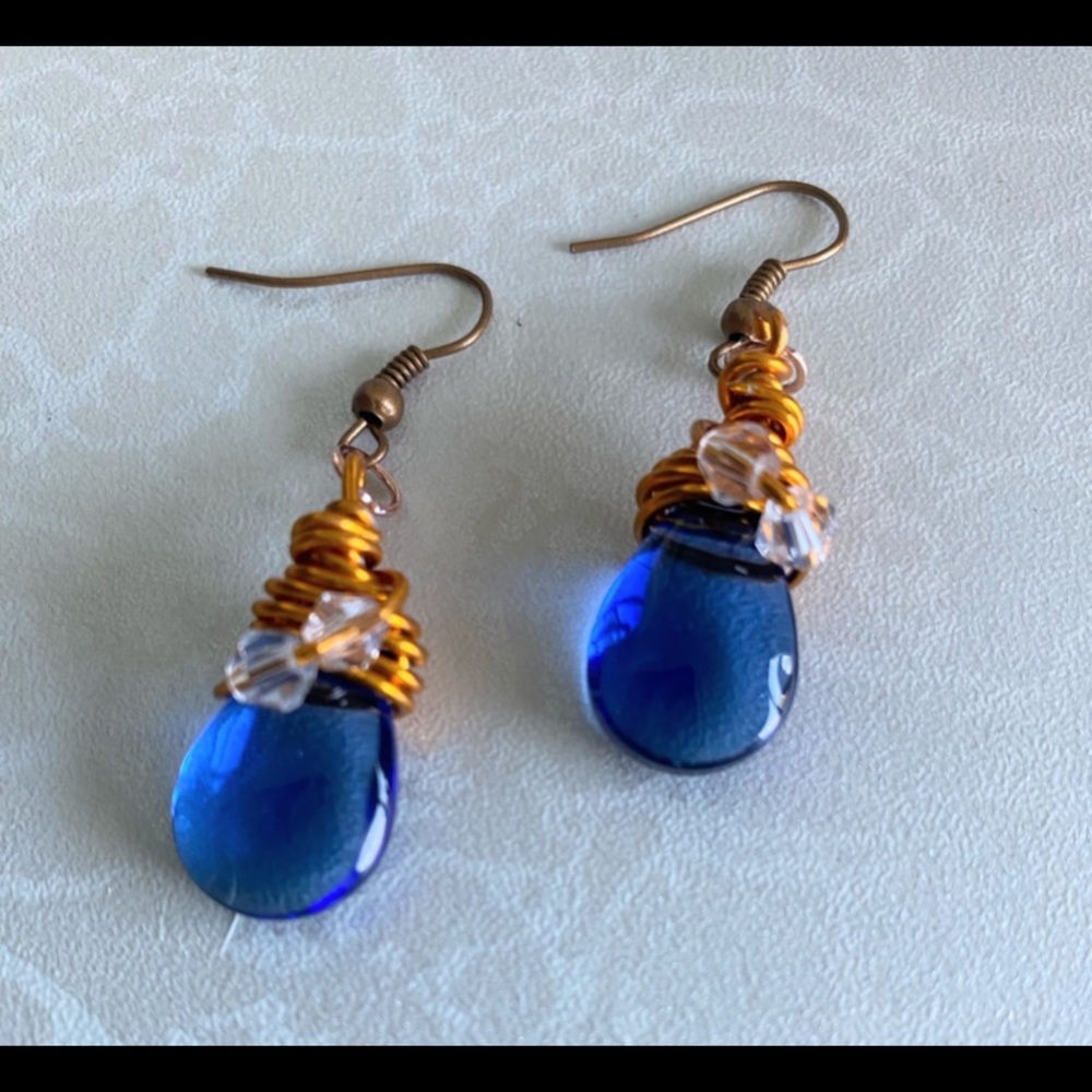 Blue Teardrop Czech Glass Wire-Wrapped Dangle Earrings - Picture 1 of 3